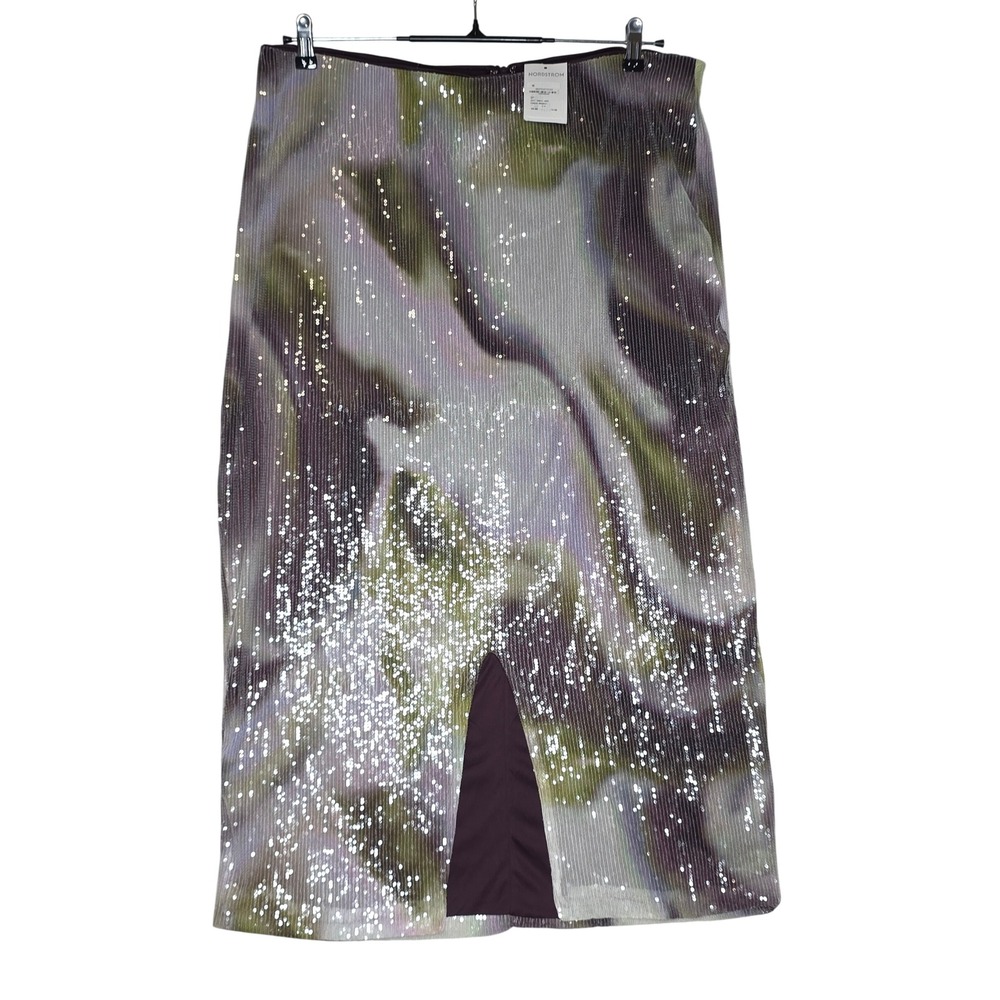 Eloquii Plus Size 18 Sequin Abstract Watercolor Midi Pencil Skirt Purple Green